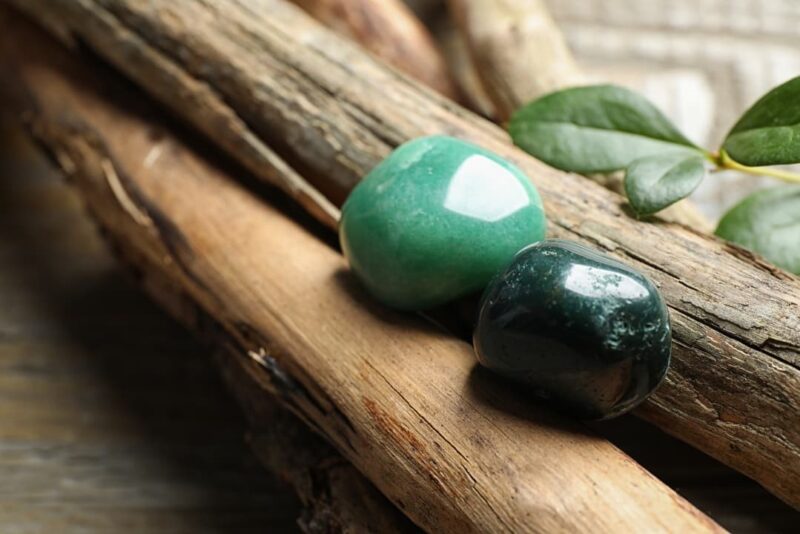 Green Aventurine crystals for manifesting love with branches and leaves